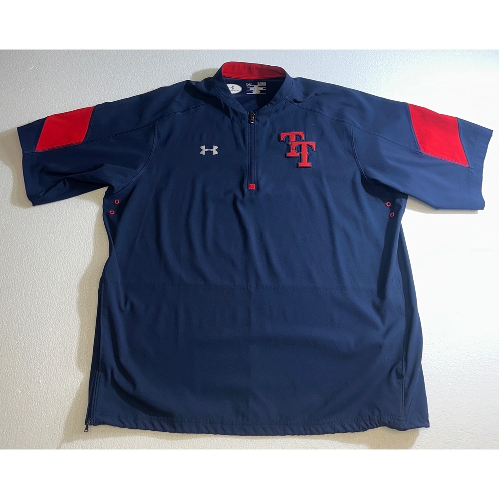 Under Armour Mens XL Navy Blue Red TT Logo‎ Short Sleeve Quarter Zip Windbreaker